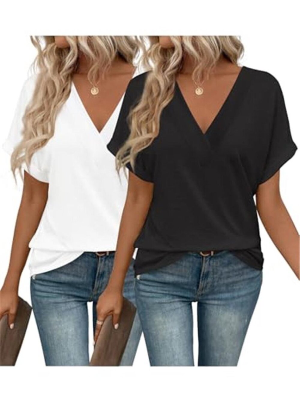 Women V Neck T Shirt 2 Pack Short Sleeve Loose Fit Casual Summer Tee Top Set